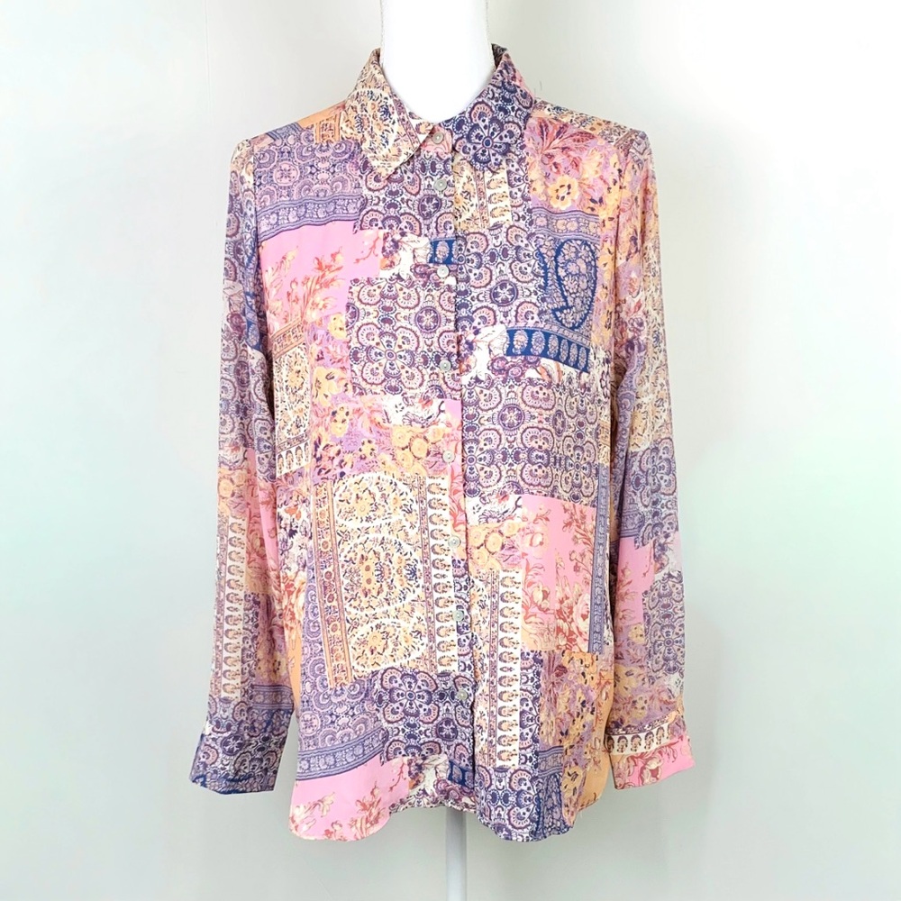 Rose + Olive Women L Button Up Tunic Blouse Colorful Patchwork Pastel Chiffon